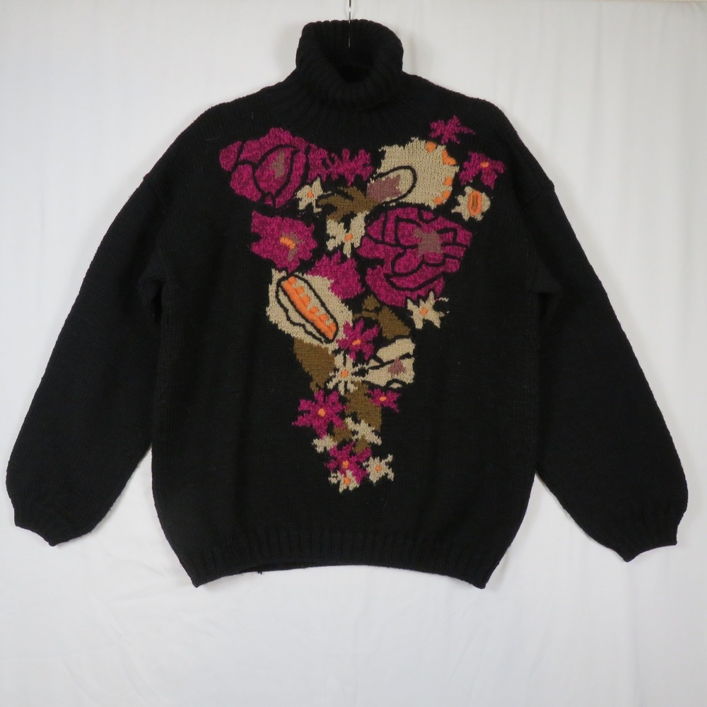 Roberta‎ Freymann Bergdorf Goodman Wool Floral Knit Turtleneck Sweater Small